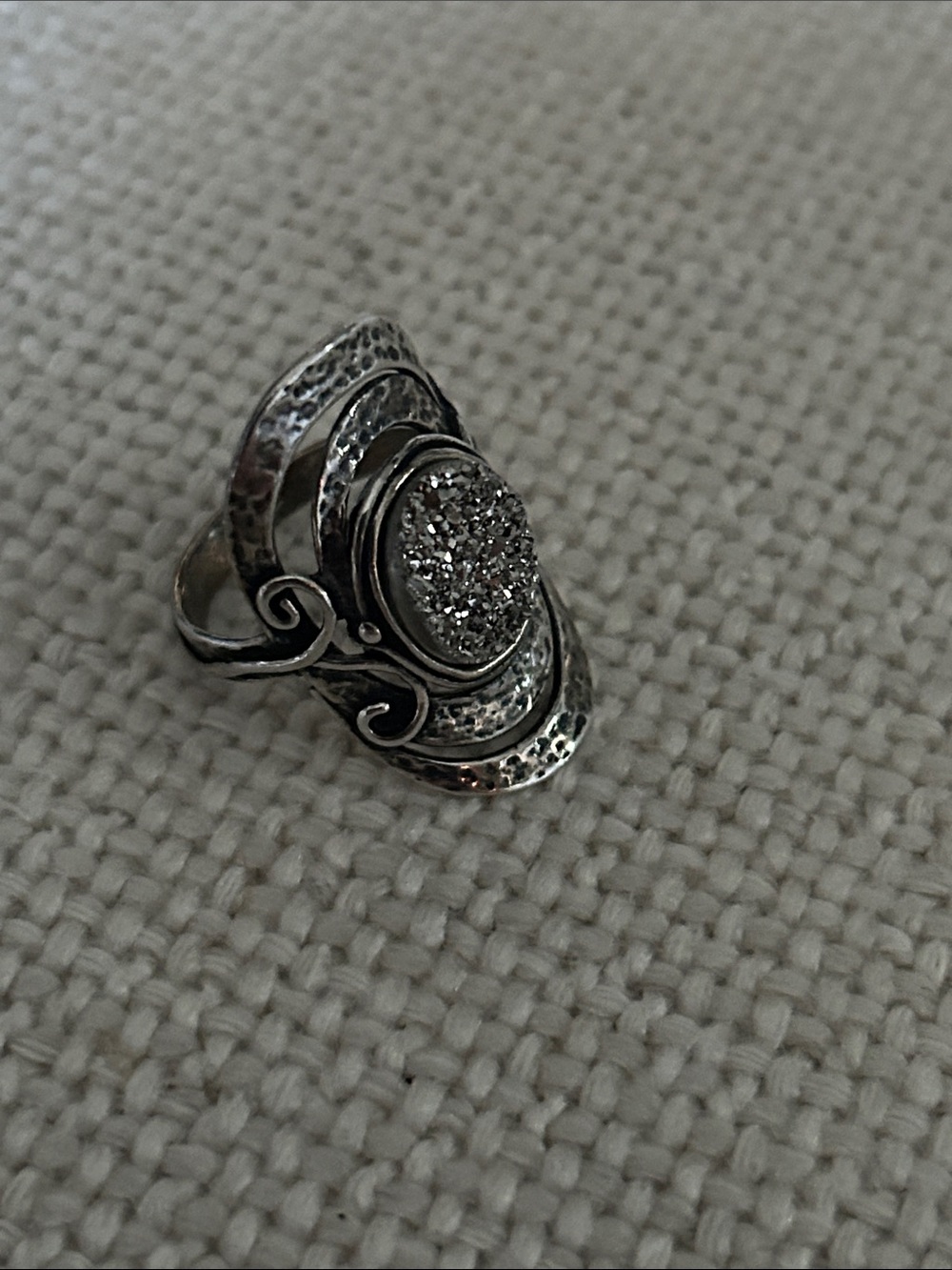 Shablool Sterling Silver Oval Druzy Statement Ring with Textured Band